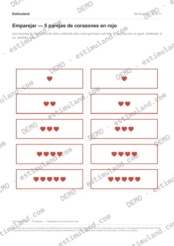 Emparejar — 5 parejas de corazones en rojo — hoja 10 de 11, en muestra