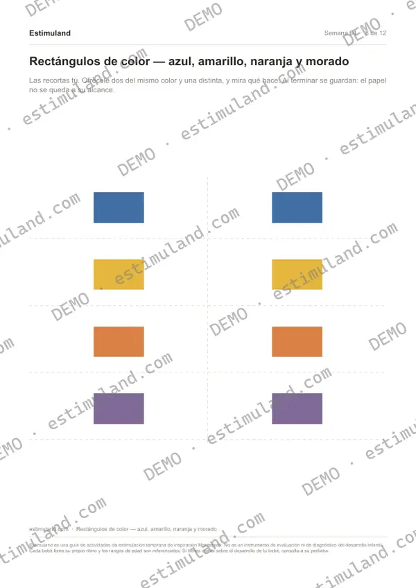 Rectángulos de color — azul, amarillo, naranja y morado — hoja 8 de 12, en muestra