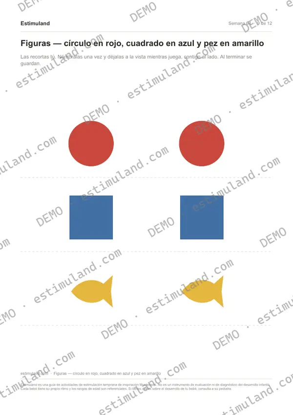 Figuras — círculo en rojo, cuadrado en azul y pez en amarillo — hoja 9 de 12, en muestra