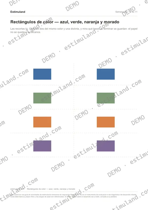 Rectángulos de color — azul, verde, naranja y morado — hoja 8 de 11, en muestra