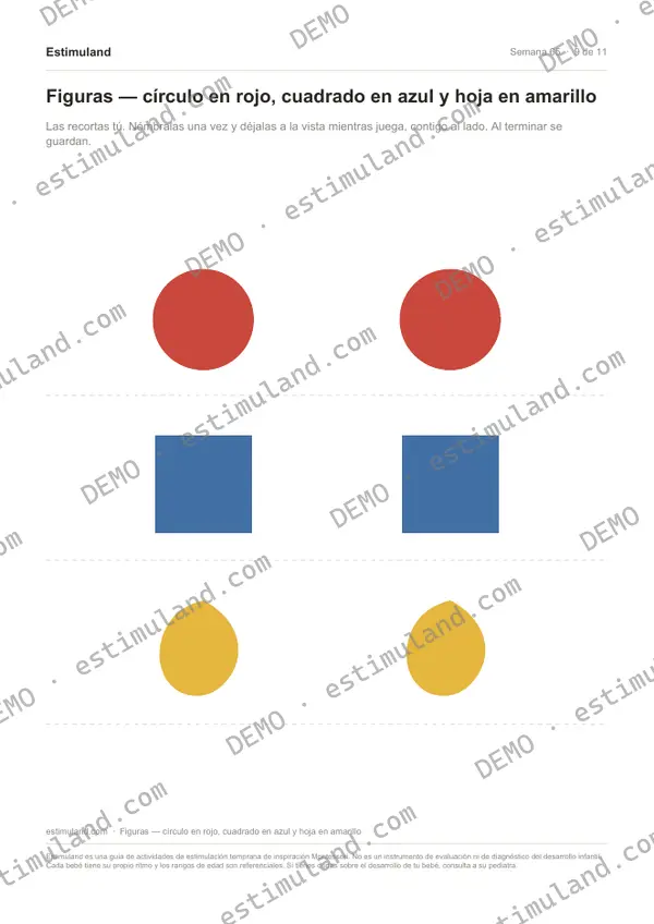 Figuras — círculo en rojo, cuadrado en azul y hoja en amarillo — hoja 9 de 11, en muestra