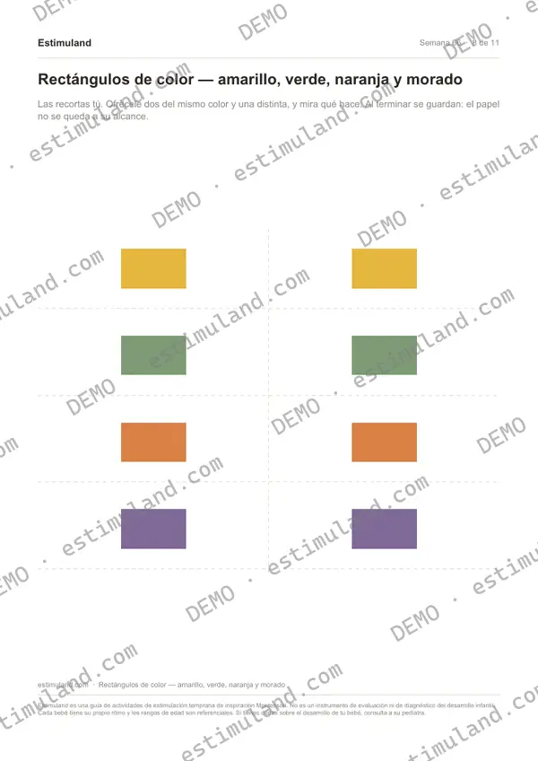 Rectángulos de color — amarillo, verde, naranja y morado — hoja 8 de 11, en muestra