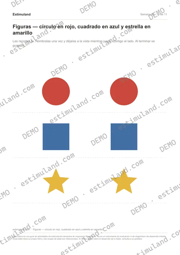 Figuras — círculo en rojo, cuadrado en azul y estrella en amarillo — hoja 9 de 11, en muestra