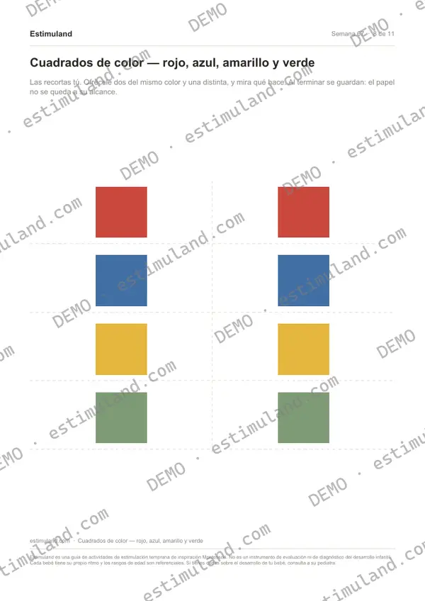 Cuadrados de color — rojo, azul, amarillo y verde — hoja 8 de 11, en muestra