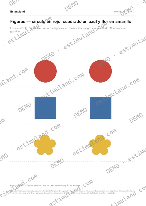 Figuras — círculo en rojo, cuadrado en azul y flor en amarillo — hoja 9 de 11, en muestra