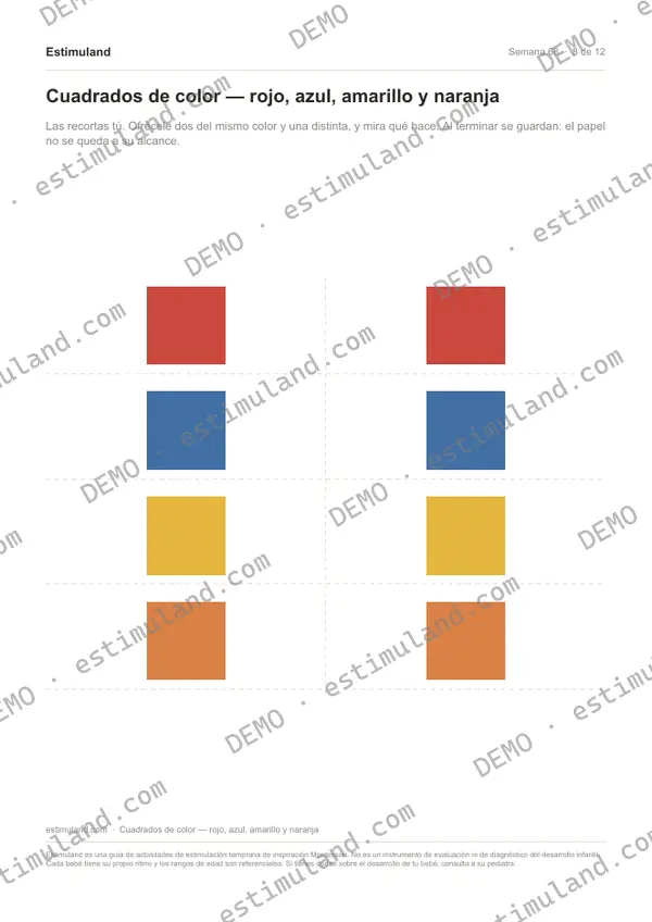 Cuadrados de color — rojo, azul, amarillo y naranja — hoja 8 de 12, en muestra