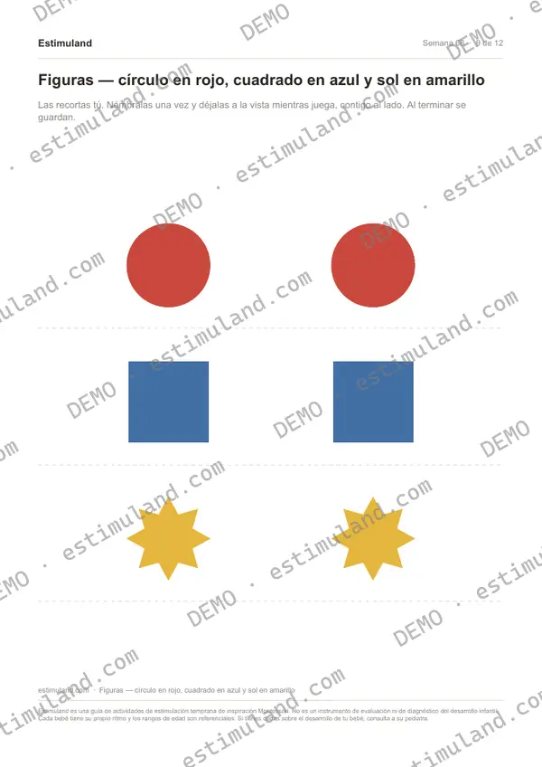 Figuras — círculo en rojo, cuadrado en azul y sol en amarillo — hoja 9 de 12, en muestra