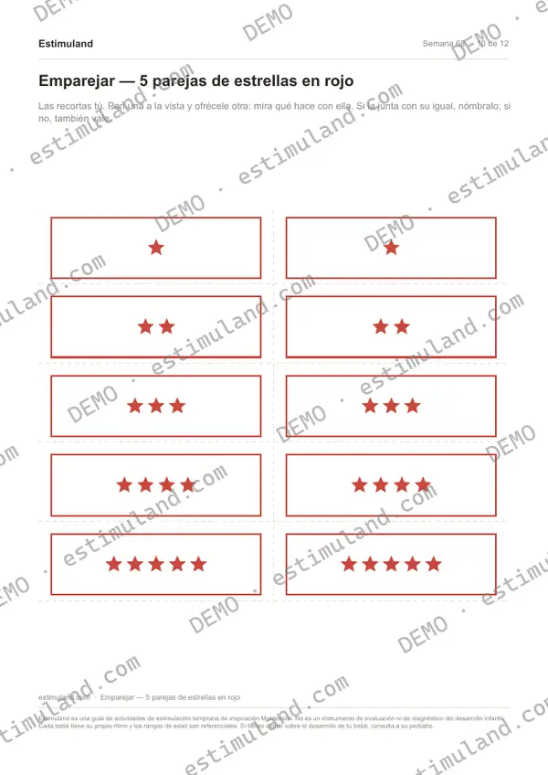 Emparejar — 5 parejas de estrellas en rojo — hoja 10 de 12, en muestra