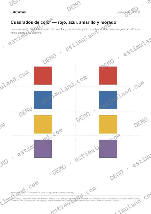 Cuadrados de color — rojo, azul, amarillo y morado — hoja 8 de 11, en muestra