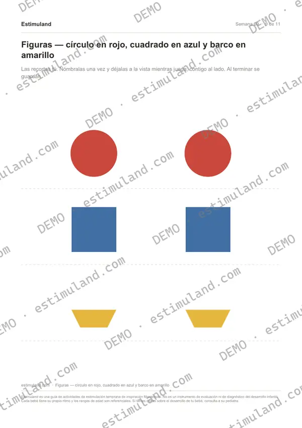Figuras — círculo en rojo, cuadrado en azul y barco en amarillo — hoja 9 de 11, en muestra