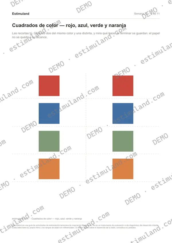 Cuadrados de color — rojo, azul, verde y naranja — hoja 8 de 11, en muestra
