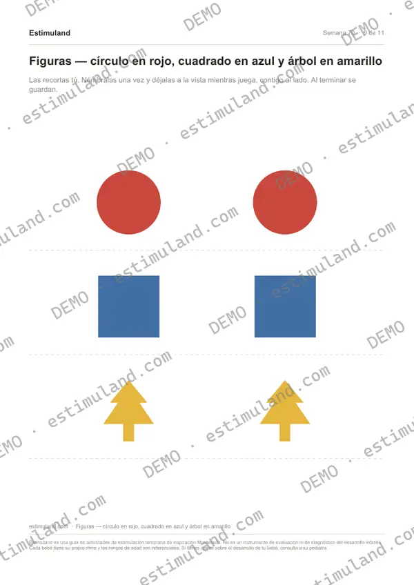 Figuras — círculo en rojo, cuadrado en azul y árbol en amarillo — hoja 9 de 11, en muestra