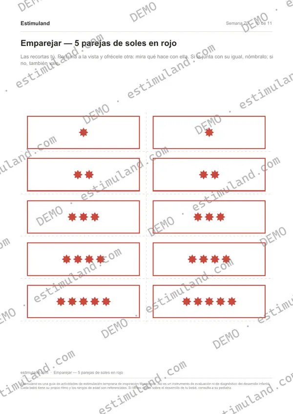 Emparejar — 5 parejas de soles en rojo — hoja 10 de 11, en muestra