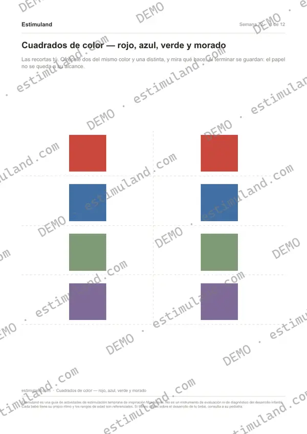 Cuadrados de color — rojo, azul, verde y morado — hoja 8 de 12, en muestra