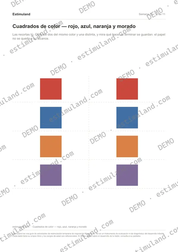 Cuadrados de color — rojo, azul, naranja y morado — hoja 8 de 11, en muestra