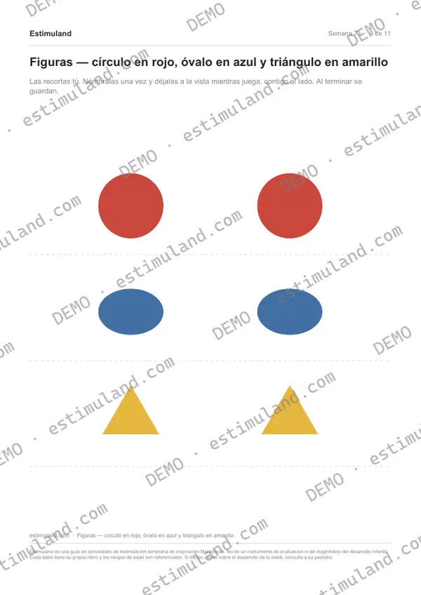 Figuras — círculo en rojo, óvalo en azul y triángulo en amarillo — hoja 9 de 11, en muestra