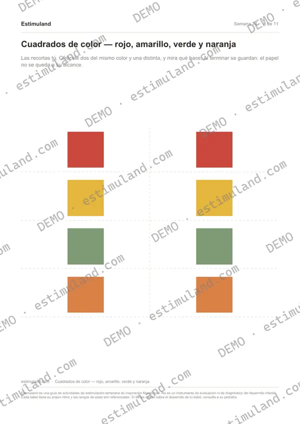 Cuadrados de color — rojo, amarillo, verde y naranja — hoja 8 de 11, en muestra