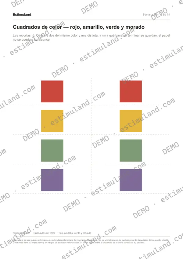Cuadrados de color — rojo, amarillo, verde y morado — hoja 8 de 11, en muestra