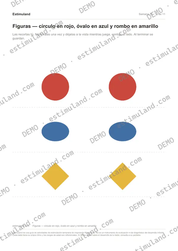 Figuras — círculo en rojo, óvalo en azul y rombo en amarillo — hoja 9 de 11, en muestra