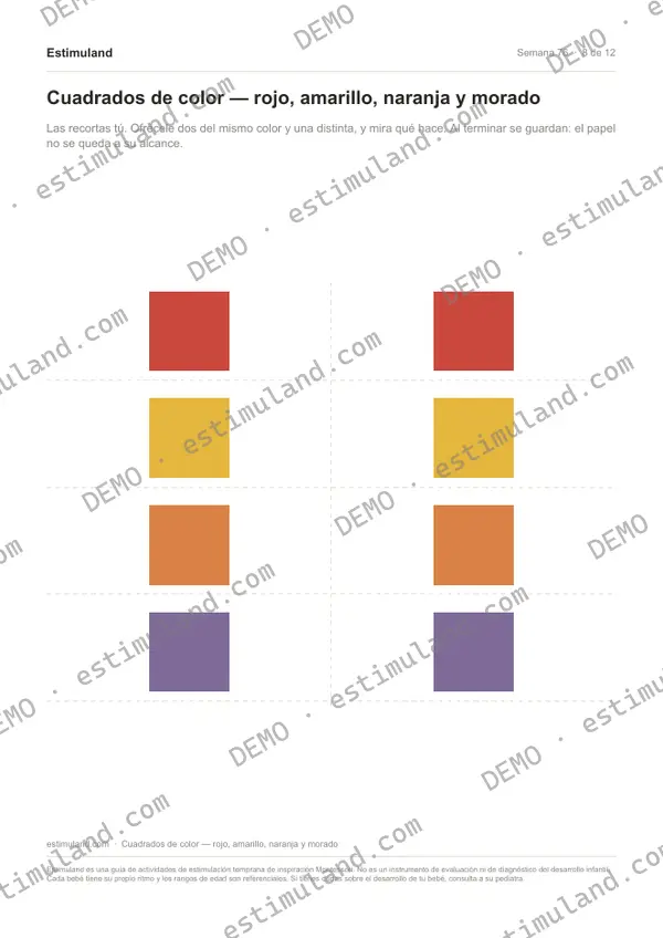 Cuadrados de color — rojo, amarillo, naranja y morado — hoja 8 de 12, en muestra