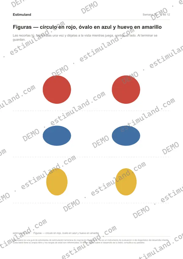 Figuras — círculo en rojo, óvalo en azul y huevo en amarillo — hoja 9 de 12, en muestra