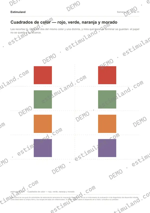 Cuadrados de color — rojo, verde, naranja y morado — hoja 8 de 11, en muestra