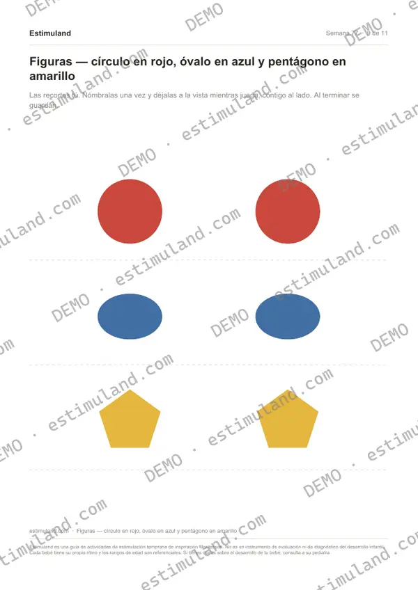 Figuras — círculo en rojo, óvalo en azul y pentágono en amarillo — hoja 9 de 11, en muestra