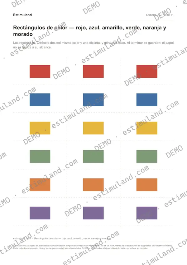 Rectángulos de color — rojo, azul, amarillo, verde, naranja y morado — hoja 9 de 11, en muestra