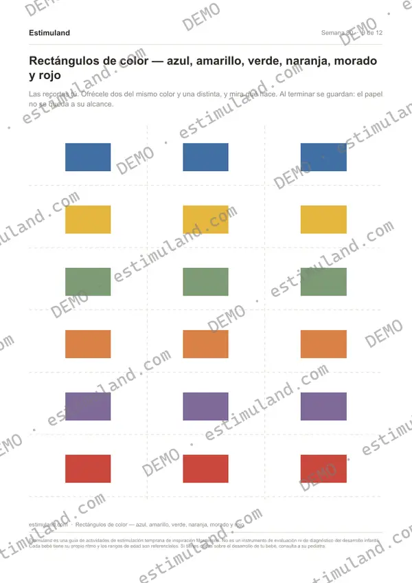 Rectángulos de color — azul, amarillo, verde, naranja, morado y rojo — hoja 9 de 12, en muestra