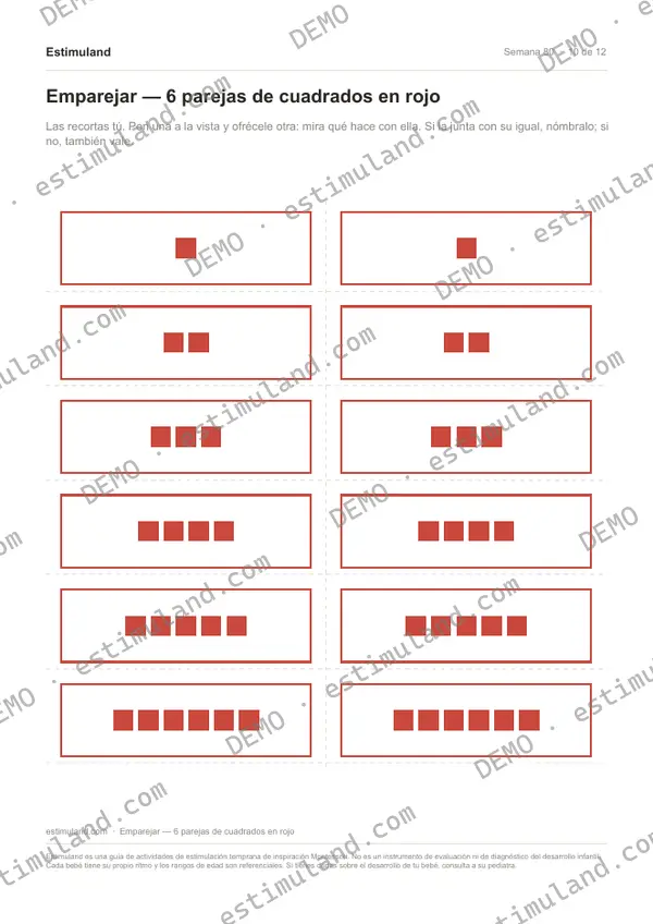 Emparejar — 6 parejas de cuadrados en rojo — hoja 10 de 12, en muestra
