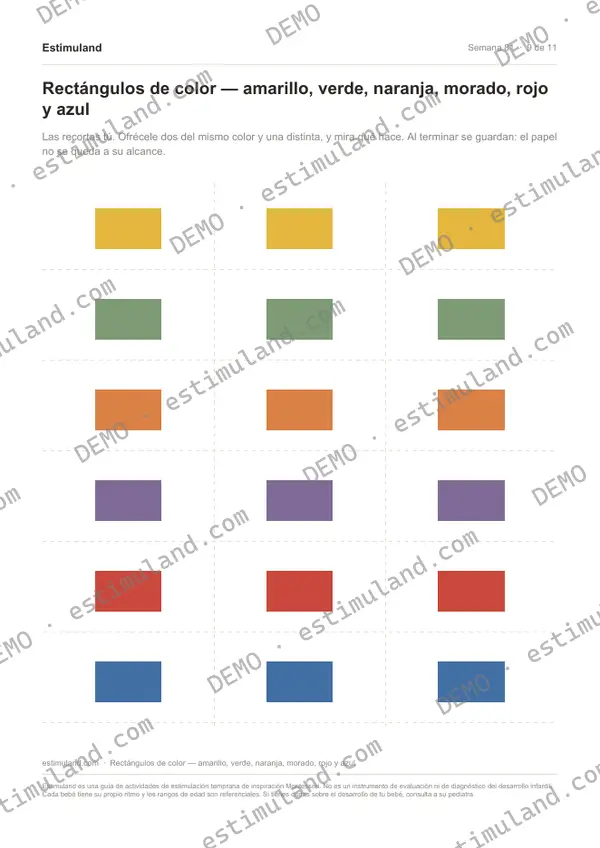 Rectángulos de color — amarillo, verde, naranja, morado, rojo y azul — hoja 9 de 11, en muestra