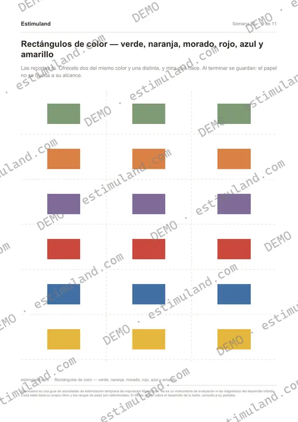 Rectángulos de color — verde, naranja, morado, rojo, azul y amarillo — hoja 9 de 11, en muestra