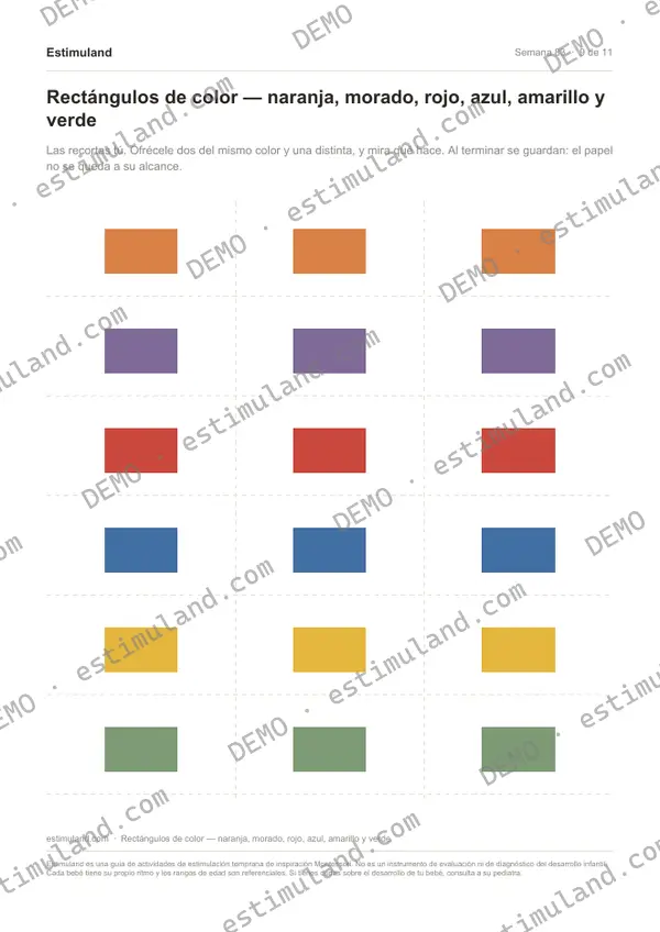 Rectángulos de color — naranja, morado, rojo, azul, amarillo y verde — hoja 9 de 11, en muestra