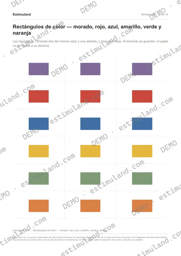 Rectángulos de color — morado, rojo, azul, amarillo, verde y naranja — hoja 9 de 12, en muestra