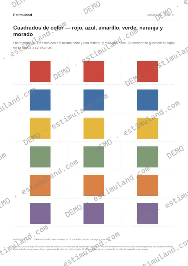Cuadrados de color — rojo, azul, amarillo, verde, naranja y morado — hoja 9 de 11, en muestra