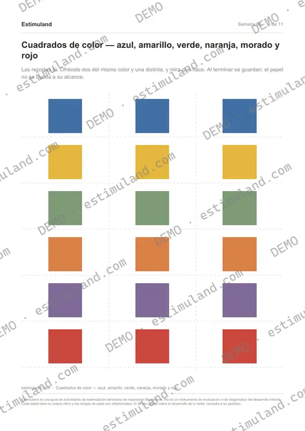 Cuadrados de color — azul, amarillo, verde, naranja, morado y rojo — hoja 9 de 11, en muestra