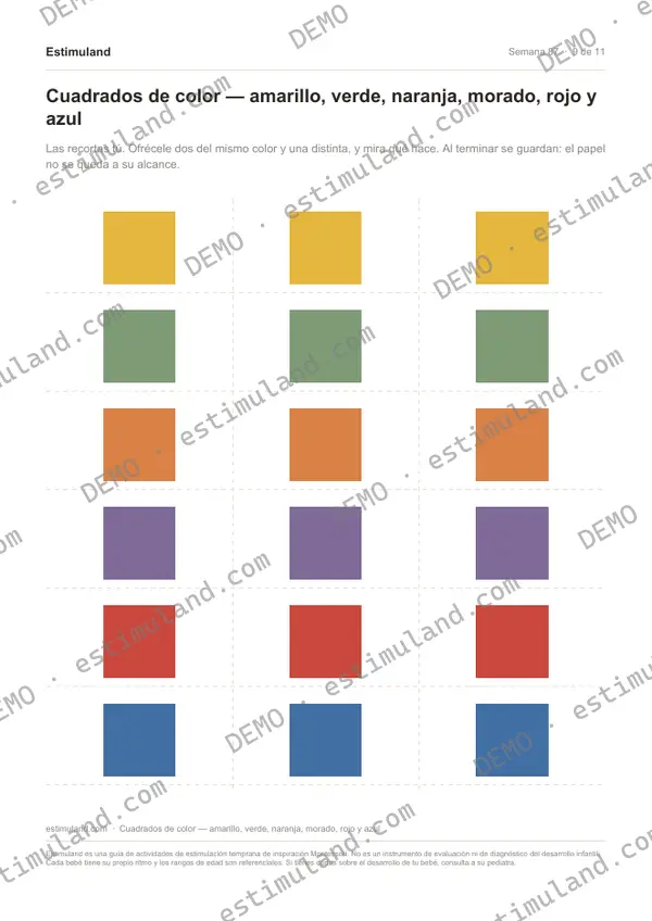 Cuadrados de color — amarillo, verde, naranja, morado, rojo y azul — hoja 9 de 11, en muestra
