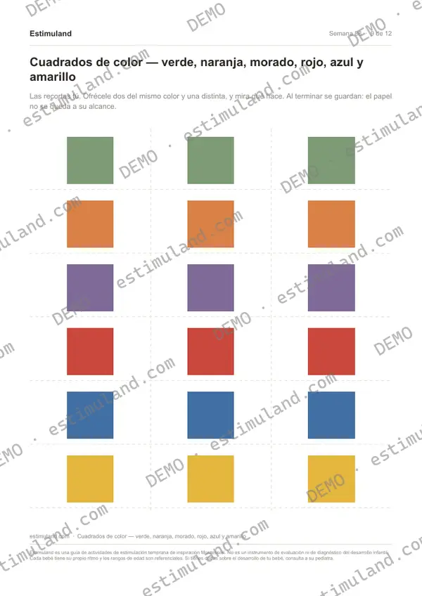 Cuadrados de color — verde, naranja, morado, rojo, azul y amarillo — hoja 9 de 12, en muestra