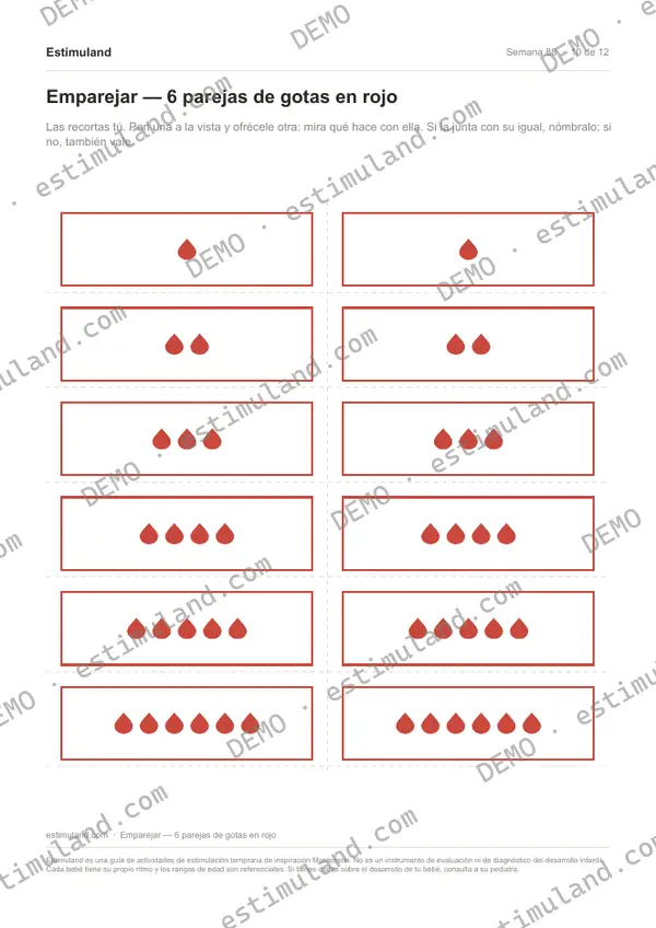 Emparejar — 6 parejas de gotas en rojo — hoja 10 de 12, en muestra
