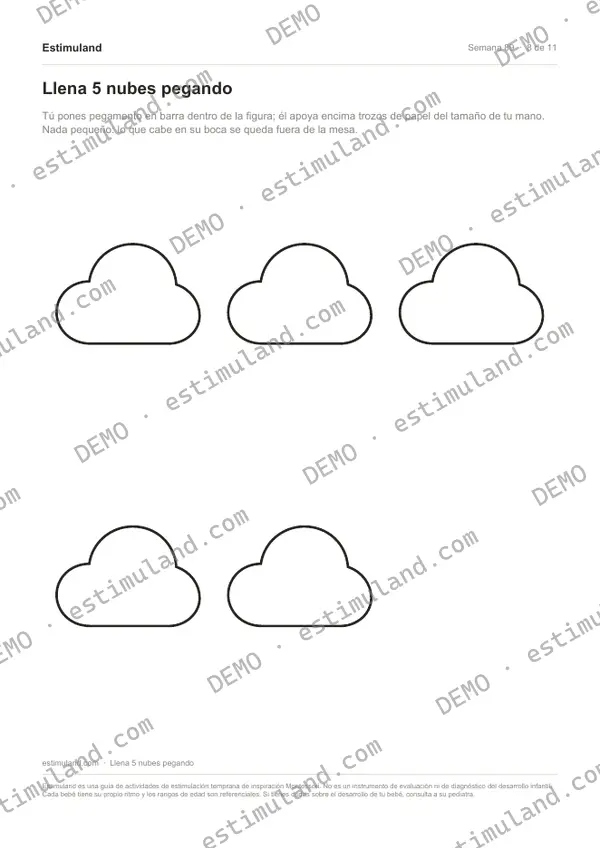 Llena 5 nubes pegando — hoja 8 de 11, en muestra