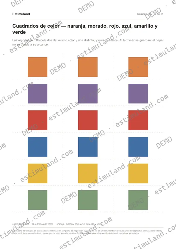 Cuadrados de color — naranja, morado, rojo, azul, amarillo y verde — hoja 9 de 11, en muestra