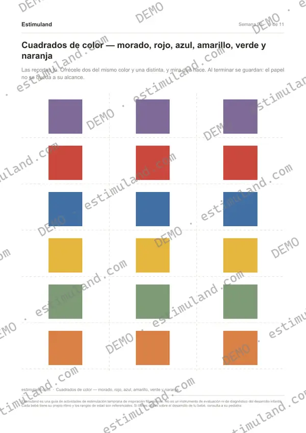 Cuadrados de color — morado, rojo, azul, amarillo, verde y naranja — hoja 9 de 11, en muestra