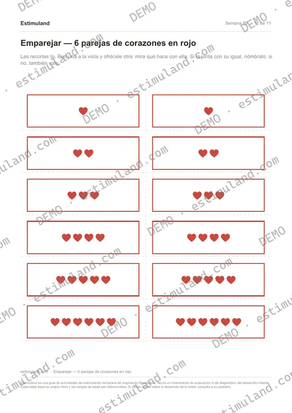 Emparejar — 6 parejas de corazones en rojo — hoja 10 de 11, en muestra