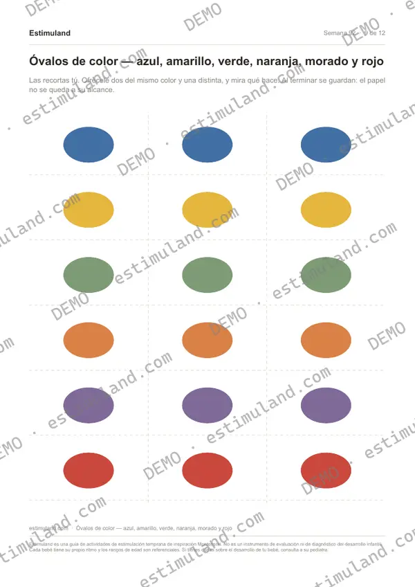 Óvalos de color — azul, amarillo, verde, naranja, morado y rojo — hoja 9 de 12, en muestra