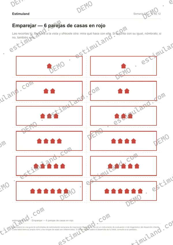 Emparejar — 6 parejas de casas en rojo — hoja 10 de 12, en muestra