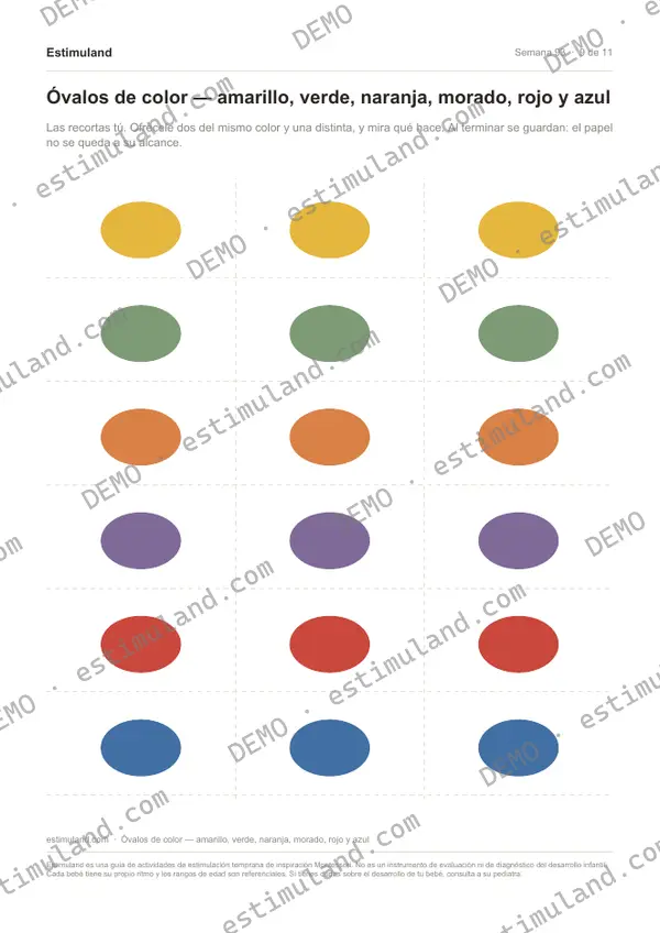 Óvalos de color — amarillo, verde, naranja, morado, rojo y azul — hoja 9 de 11, en muestra