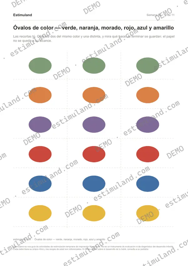 Óvalos de color — verde, naranja, morado, rojo, azul y amarillo — hoja 9 de 11, en muestra