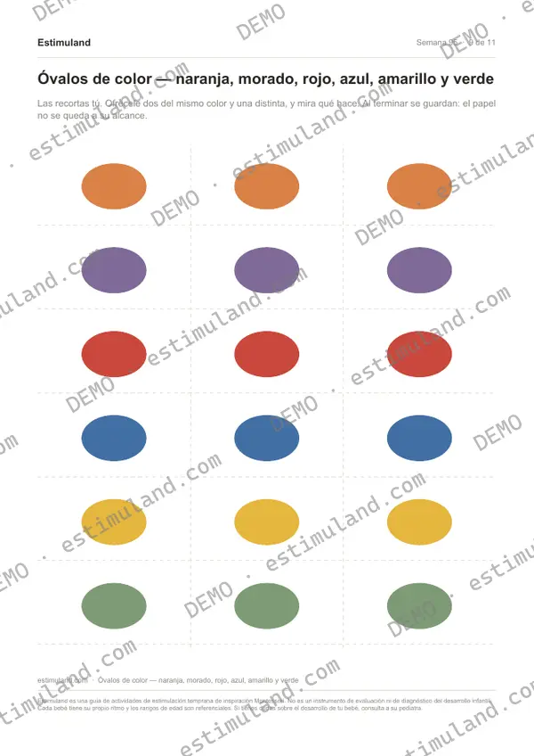 Óvalos de color — naranja, morado, rojo, azul, amarillo y verde — hoja 9 de 11, en muestra
