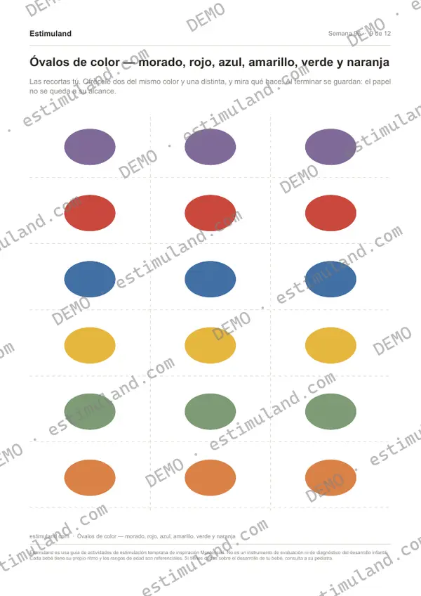 Óvalos de color — morado, rojo, azul, amarillo, verde y naranja — hoja 9 de 12, en muestra