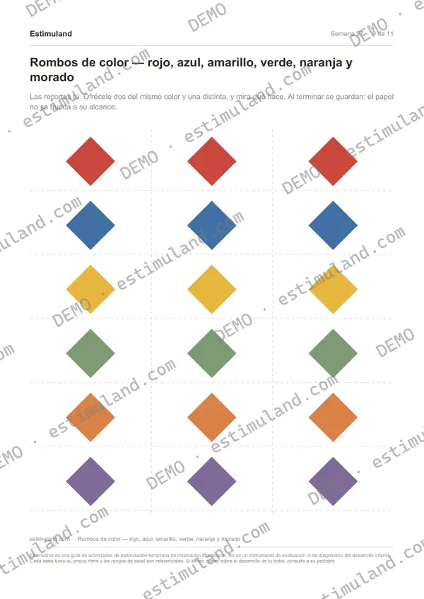 Rombos de color — rojo, azul, amarillo, verde, naranja y morado — hoja 9 de 11, en muestra